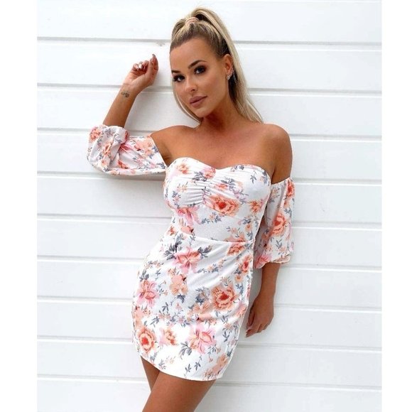 Dresses & Skirts - White Floral Print Long Sleeve Off Shoulder Bodycon Mini Dress